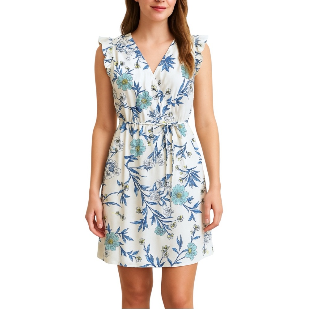 Floral V-Neck Sleeveless Tie-Waist Dress in White and Blue